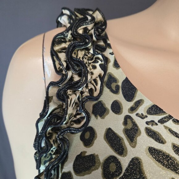 Y2K Leopard Print Mini Dress Size S One Shoulder Khaki Green Glitter Mcbling - Picture 3 of 9